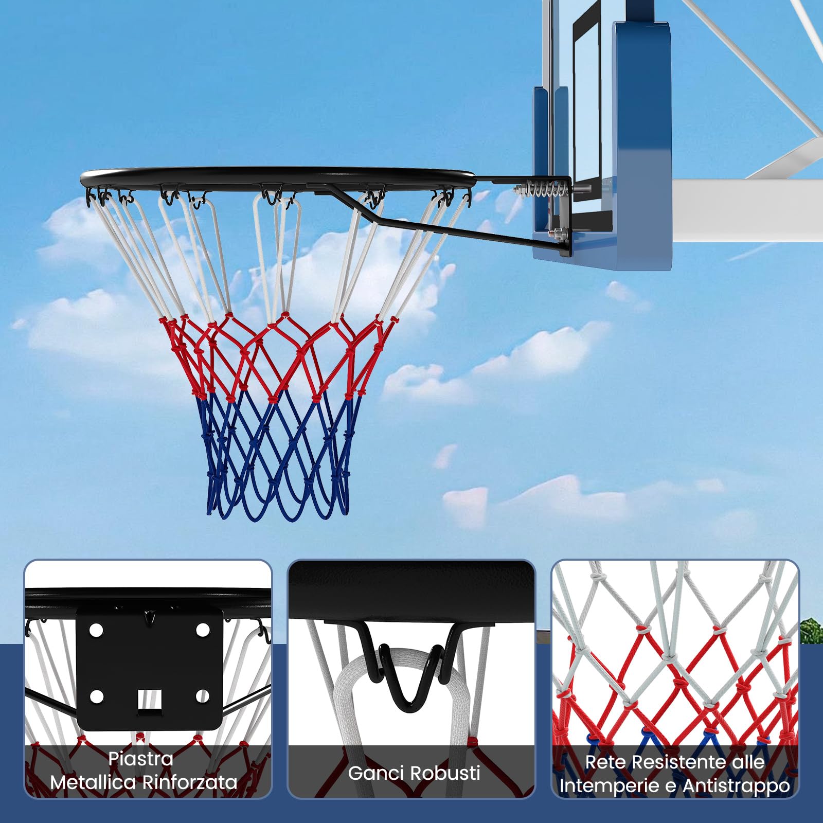 COSTWAY Canestro da Basket da Parete 45 cm, Anello da Pallacanestro da Muro con Doppie Molle e Rete per Tutte Le Stagioni, Cerchio Universale per Canestri da Interno ed Esterno
