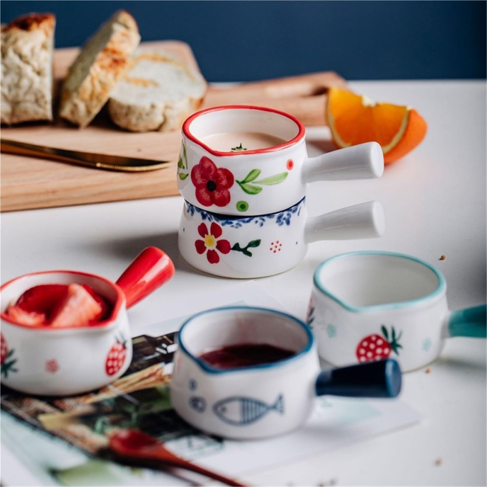Milchkännchen, Soßenschüssel, Wasserbecher, Kaffeesahnekännchen, 2-teiliges 50-ml-Keramikgefäß mit Griff, Espresso-Gewürzgefäß, Essig-Sirup-Glas, Dipschalen