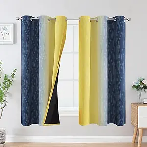 Estelar Textiler Yellow and Navy Blue Blackout Curtains for Boys Bedroom, Full Light Blocking Grommet Ombre Curtains for Living Room, Thermal Insulated Room Darkening Gradient Drapes, 42Wx63L,2 Panels