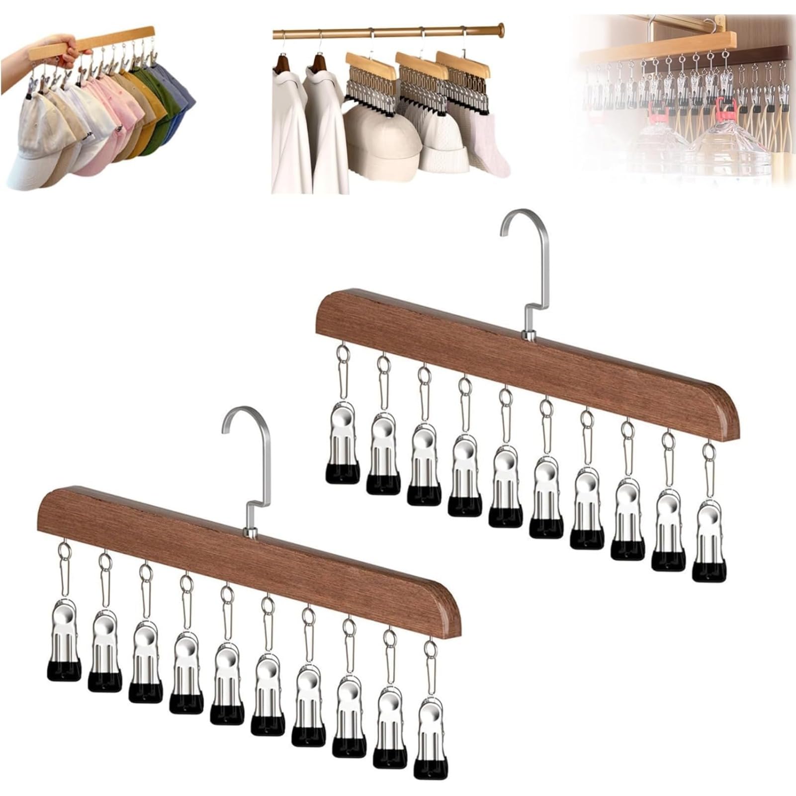 PsaltryCom Wooden Hat Organizer Hanger with 10/12 Clips Space Saving Cap Holder for Baseball Caps Socks Scarves Closet Storage Rack (Retro - 10 clips,2 pieces)