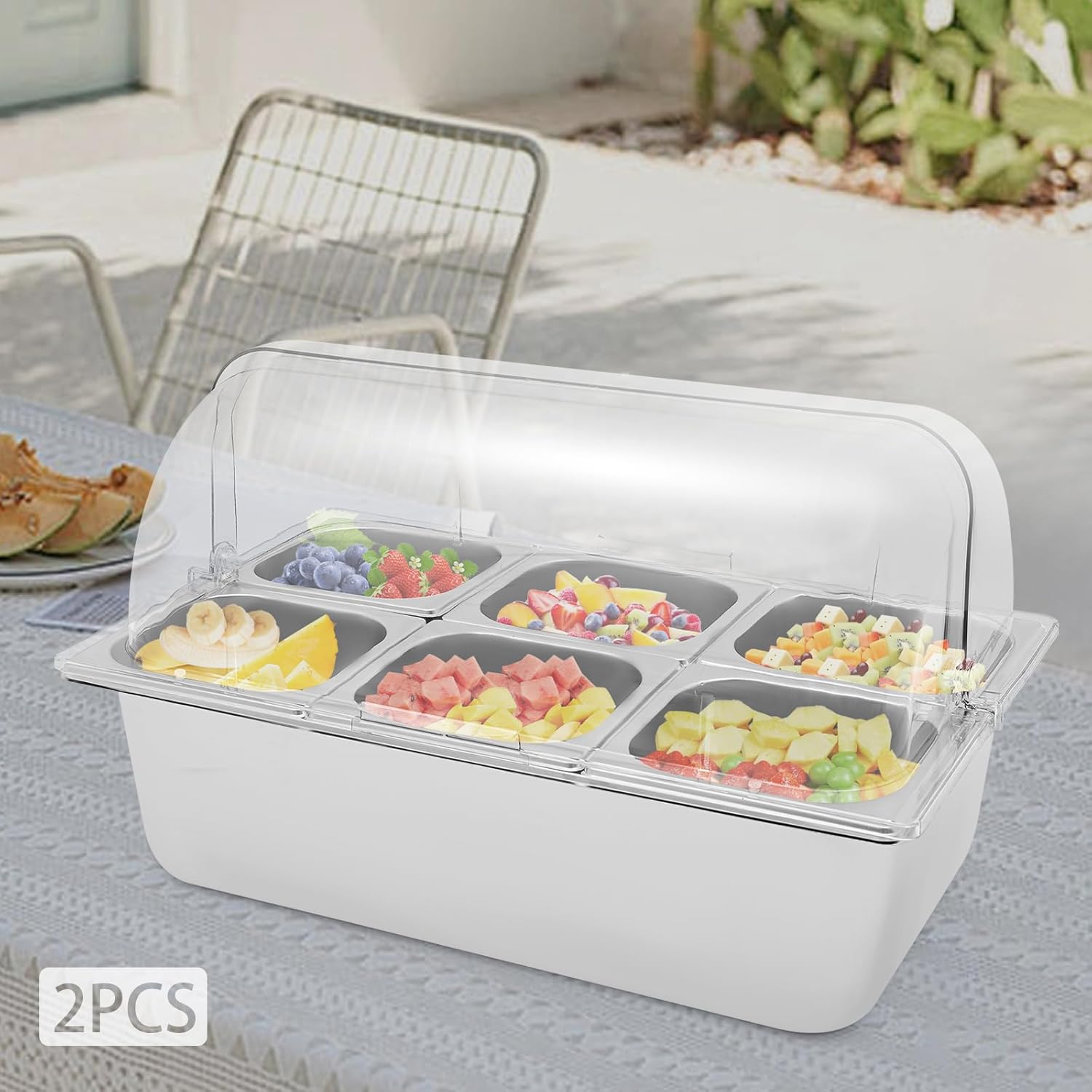 2Pcs Countertop Cold Food Serving Display Container w/6 Pans&Ice Packs, Stainless Steel Cooled Condiment Dispenser, Appetizer Cooler Tray Buffet Spice Fruit Display Rack w/Lid&Spoons&Clamps