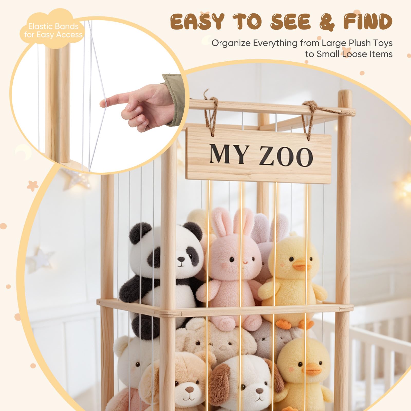 Contenitore per animali di peluche, in legno, con ruote attrezzate a 360° grande capacità per la camera dei giochi, la cameretta dei bambini, la camera da letto (3)