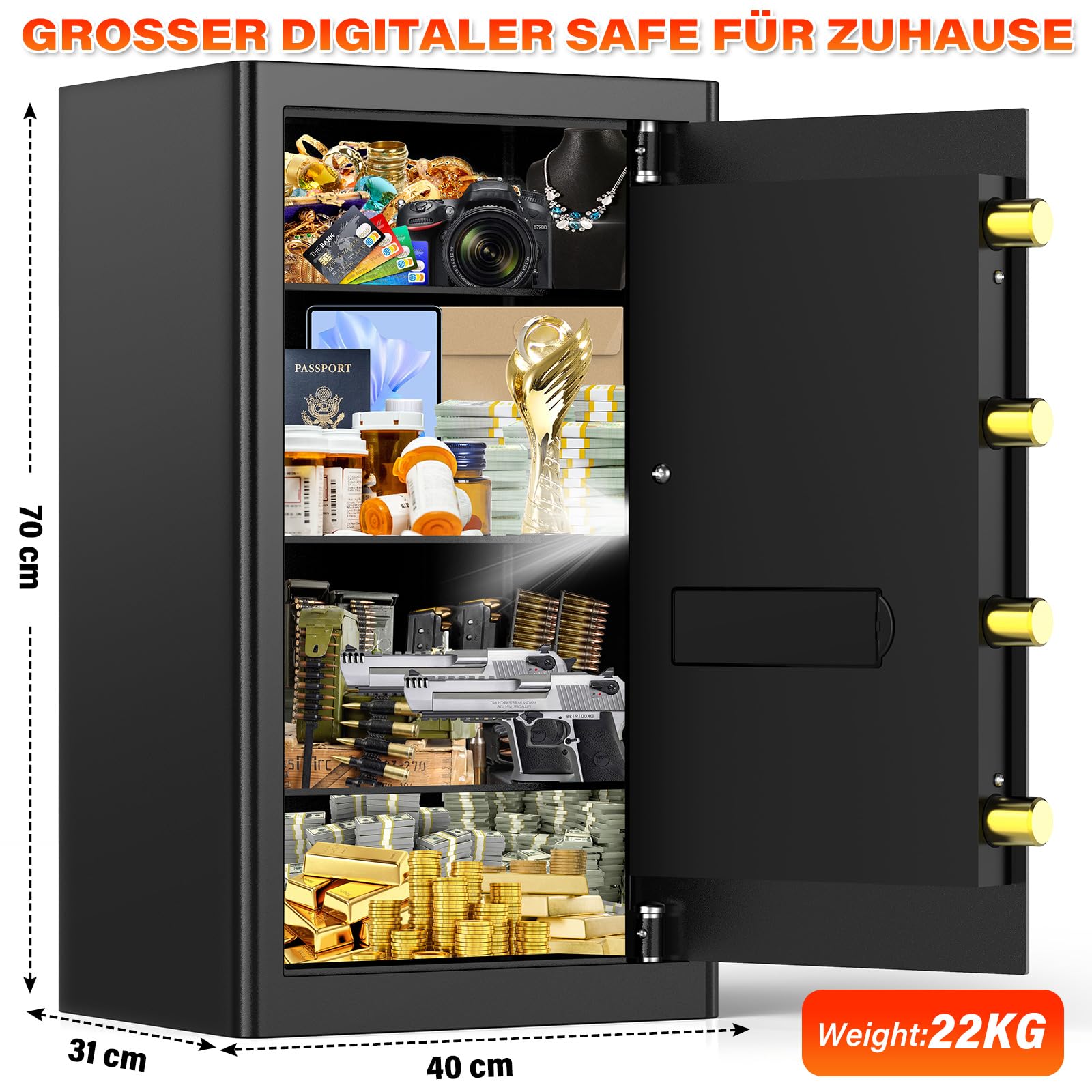 90L Großer Feuerfester Tresor mit Feuerfeste Dokumententasche, Digitaler Heimtresor mit Herausnehmbarem Regal, Möbeltresor Dokumente Gold Schmuck Wertsachen