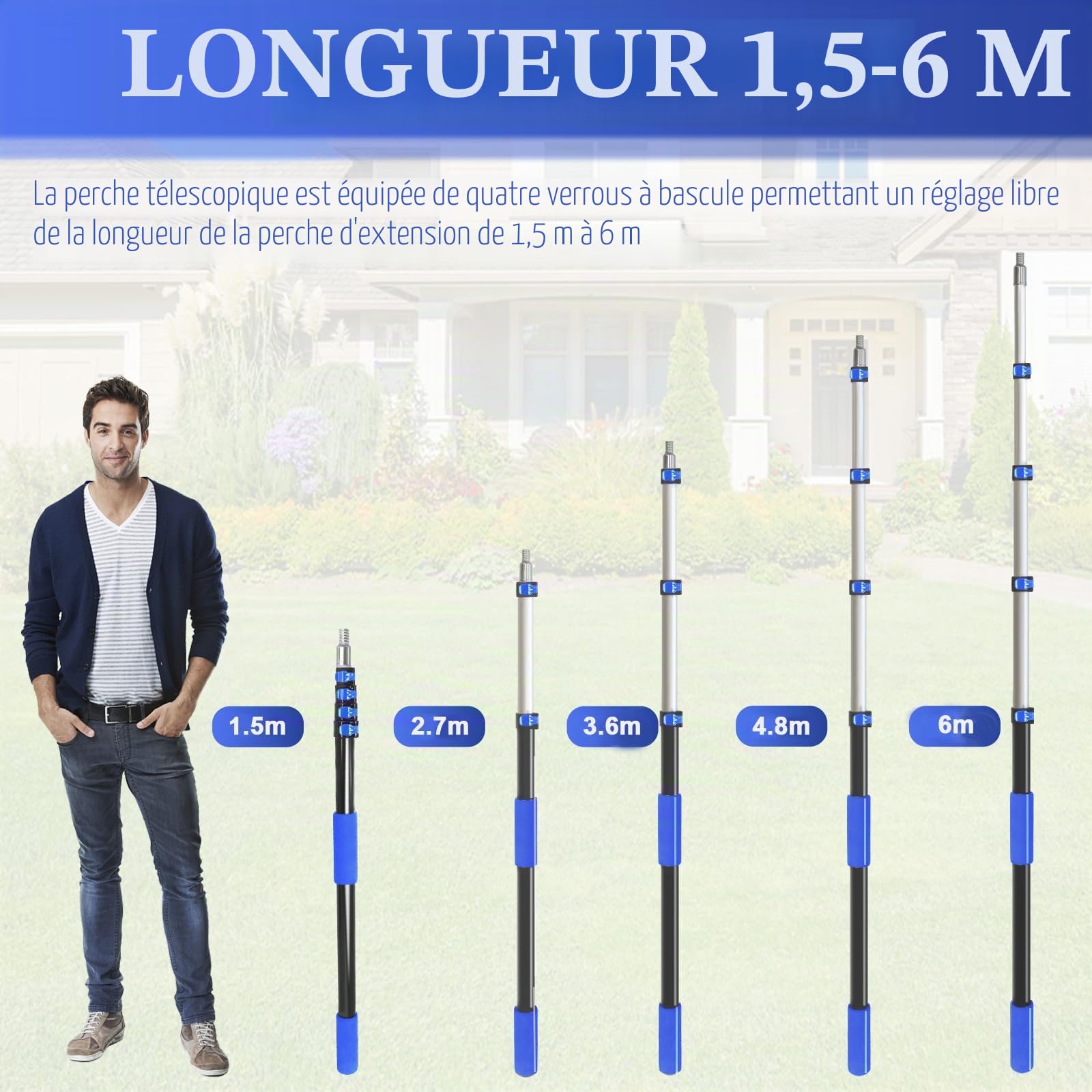 Barre Télescopique 6 m, Perche d’Extension Réglable 1.5-6 m, Légère avec Adaptateur Universel en Métal Twist-on, Idéale pour Peinture, Nettoyage Fenêtres et Gouttières
