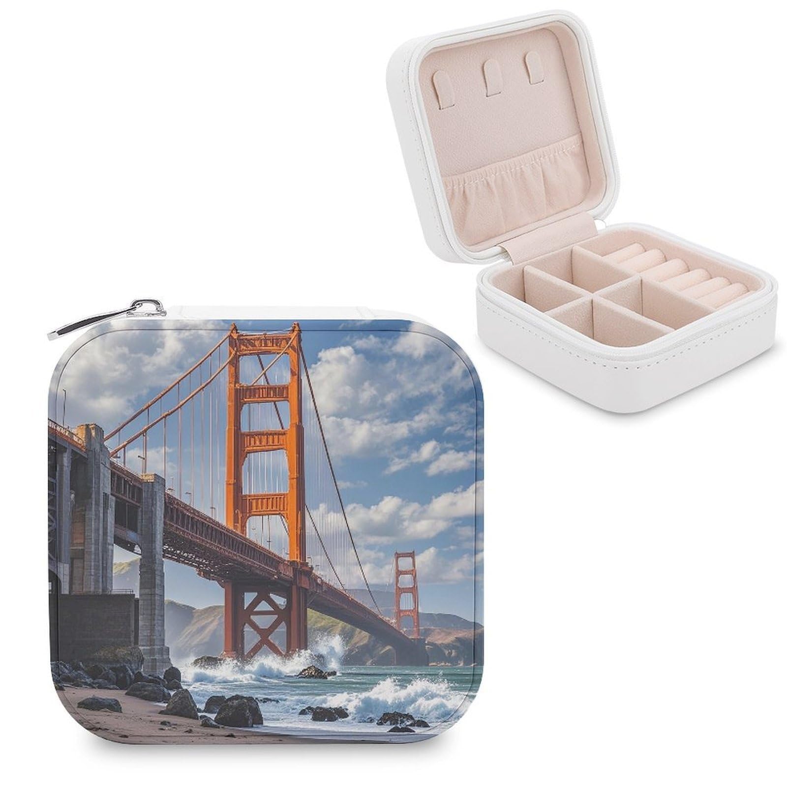 LZQPOEAS Golden Gate Bridge Jewelry Box Mini Jewelry Travel Case Trendy Stuff Ring Box Custom PU Leather Jewelry Boxes Portable Jewelry Case Earring Storage Organizer for Girls Women