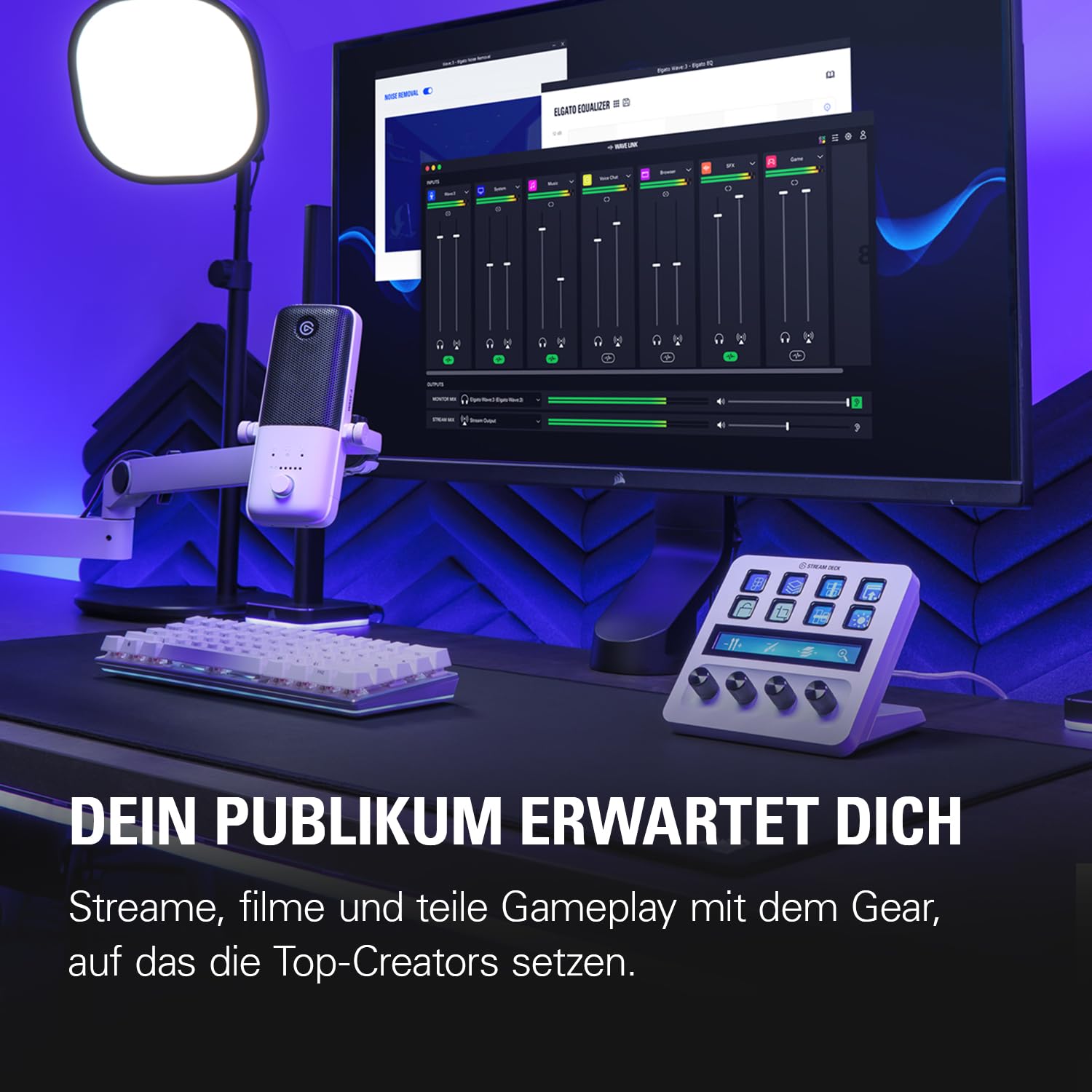 Elgato Wave:3 Mikrofon mit Mic Arm Low Profile, voll einstellbar mit Kabelkanal, ideal für Podcasts, Streaming, Gaming, Homeoffice, kostenlose Mixing-Software, Plug & Play für Mac, PC