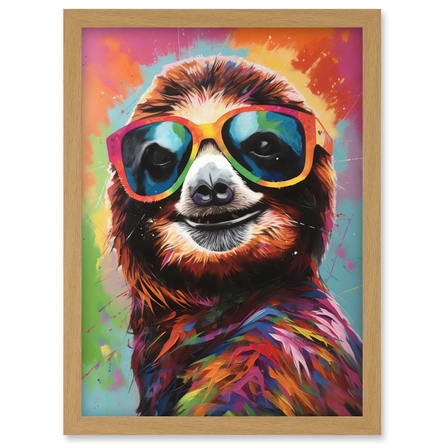 Artery8 Multicoloured Smiling Sloth Wearing Sunglasses Artwork Framed Wall Art Print A4