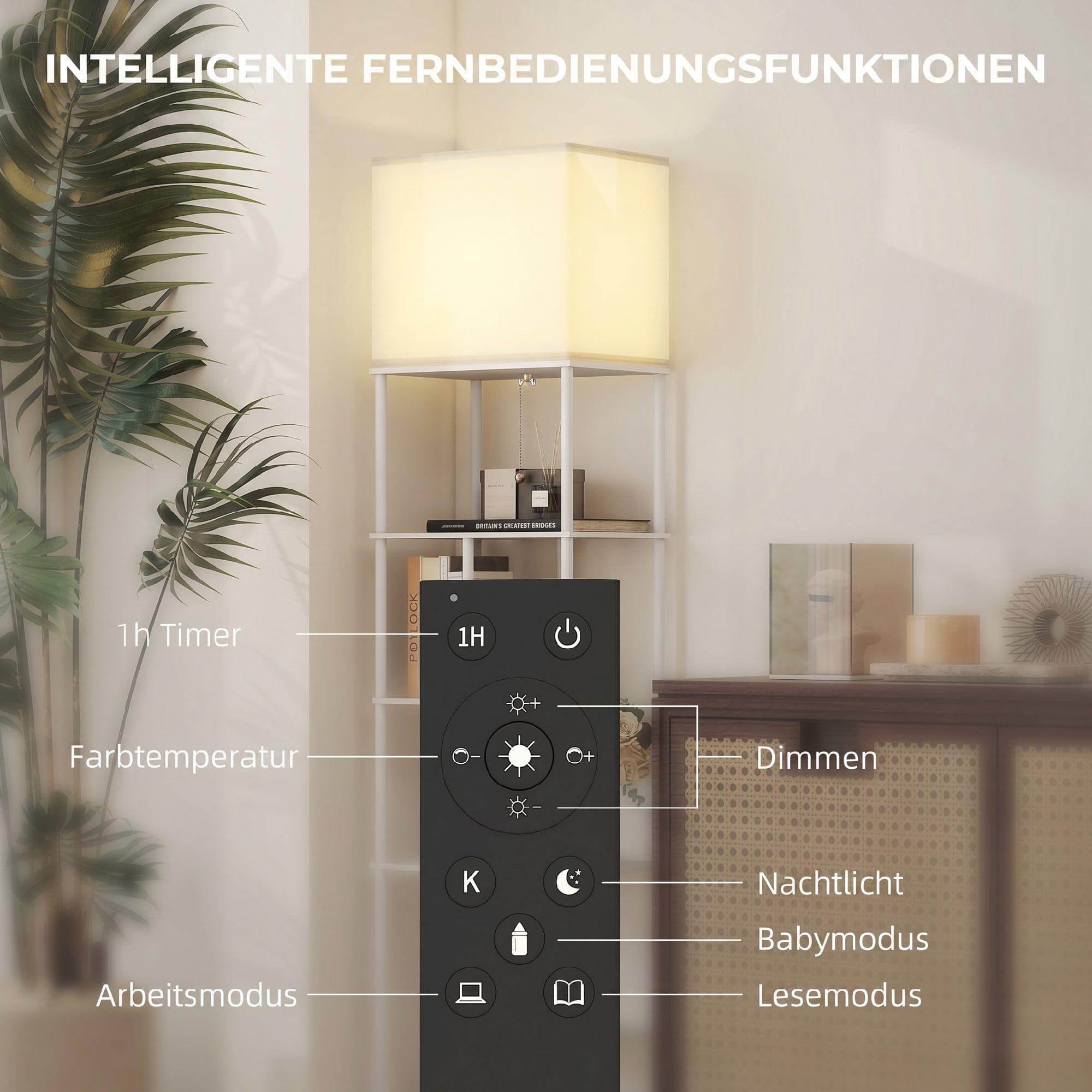 HOMCOM Stehlampe Stehleuchte mit Regalen, einstellbare Helligkeit & Farbtemperatur 3000K-6500K, Fernbedienung, E27-Birne, Timer, für Schlafzimmer, Büro, Wohnzimmer, Weiß