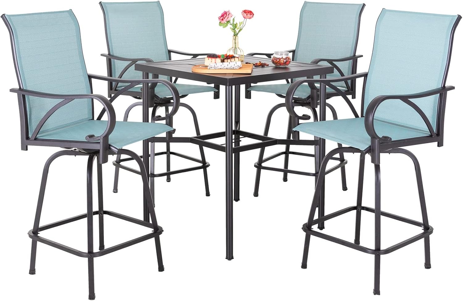 Sophia & William Outdoor Bar Set, Patio Bar Table and Chairs Set, Bar Height Patio Set - 4 x Swivel Bar Chairs(Baby-Blue), 1 x Square Bar Table(Black)