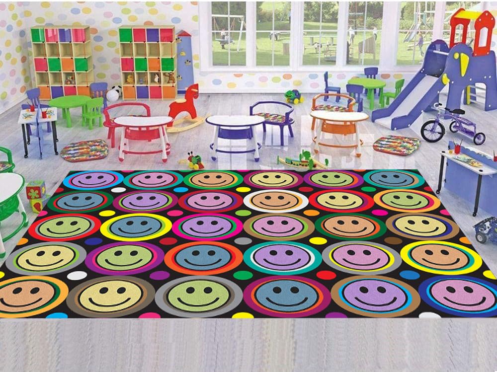 Smiley Face Seating School Classroom Colorful Polka Dots Area Rug or Educational Learning Mat, Kids Room or Playroom Carpet (8’ X 12’)