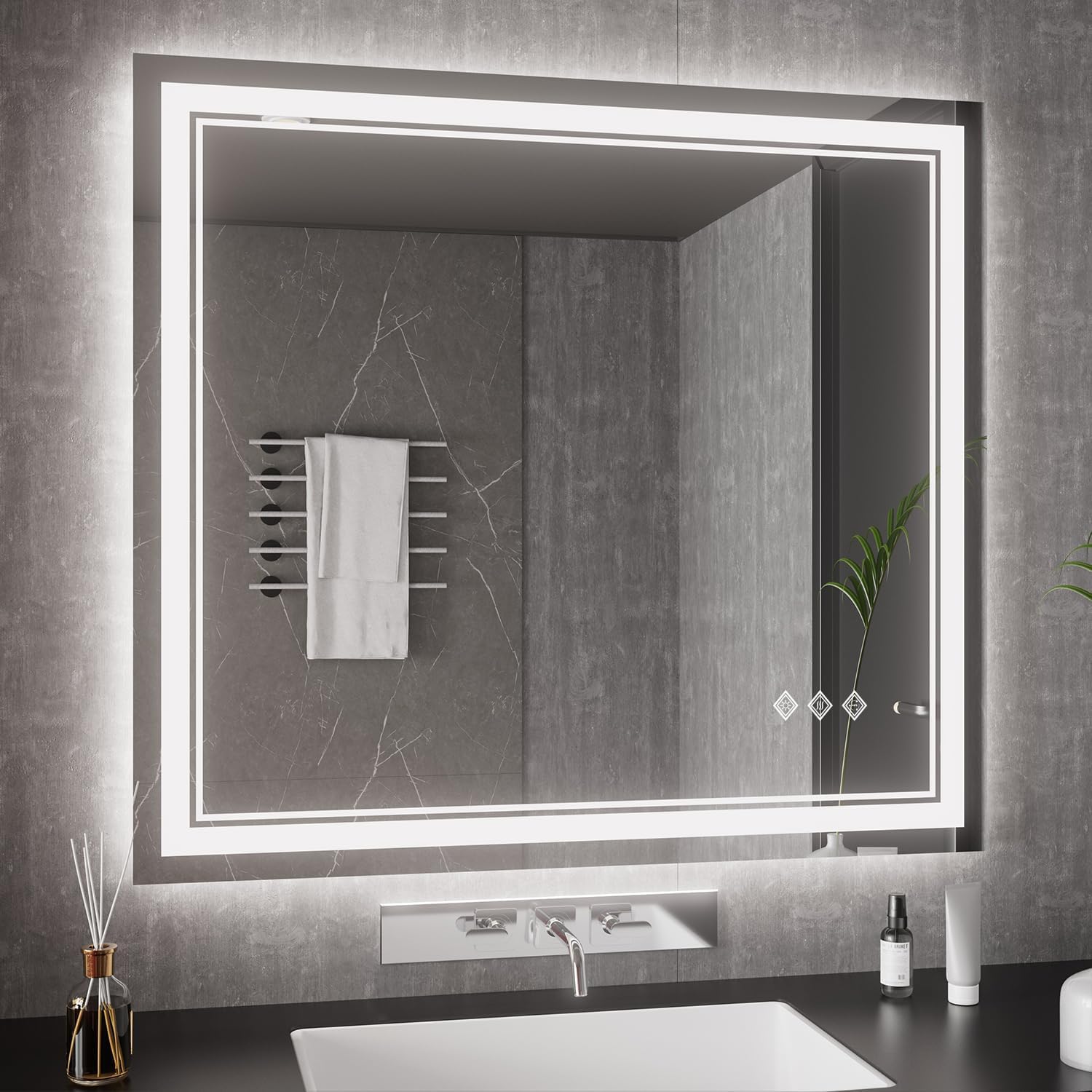 Bathroom Mirrors for Wall, 40x36 Inch Gradient Front and Backlight Lighted Mirror, 3 Colors Dimmable CRI>90 Double Lights, IP54 Enhanced Anti-Fog, Hanging Plates Wall Mount Smart Mirror