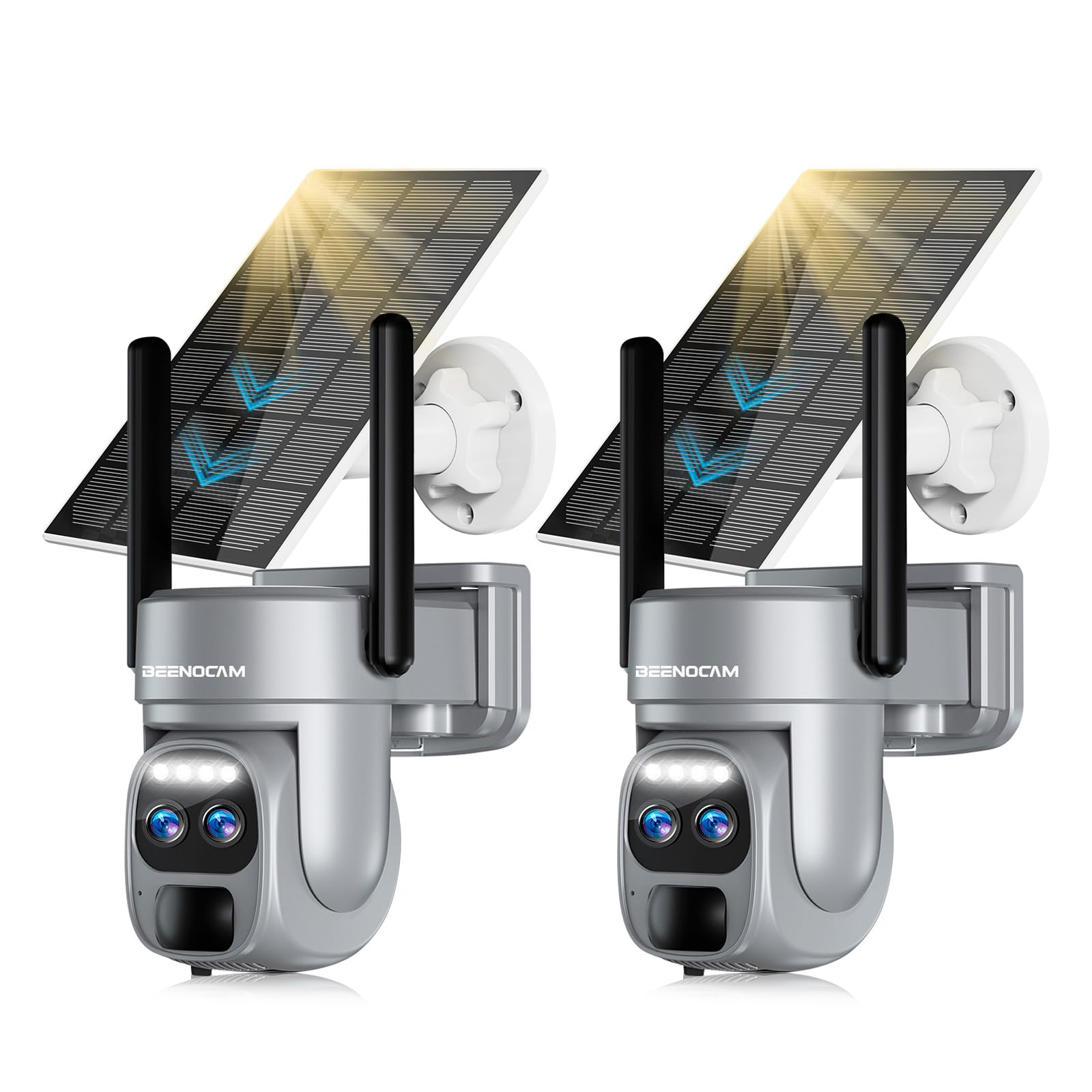 BEENOCAM Telecamere di sicurezza solare 4K wireless da esterno, doppia lente 360 ° PTZ telecamere solari per la sicurezza domestica con visione notturna a colori, rilevamento umano PIR, monitoraggio