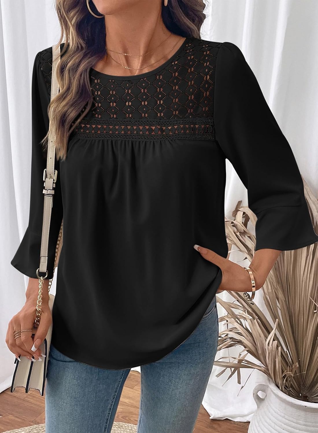 Dokotoo Women's 2025 Fall Fashion Tops 3/4 Sleeve Crewneck Shirts Casual Chiffon Boho Lace Blouses - Image 2