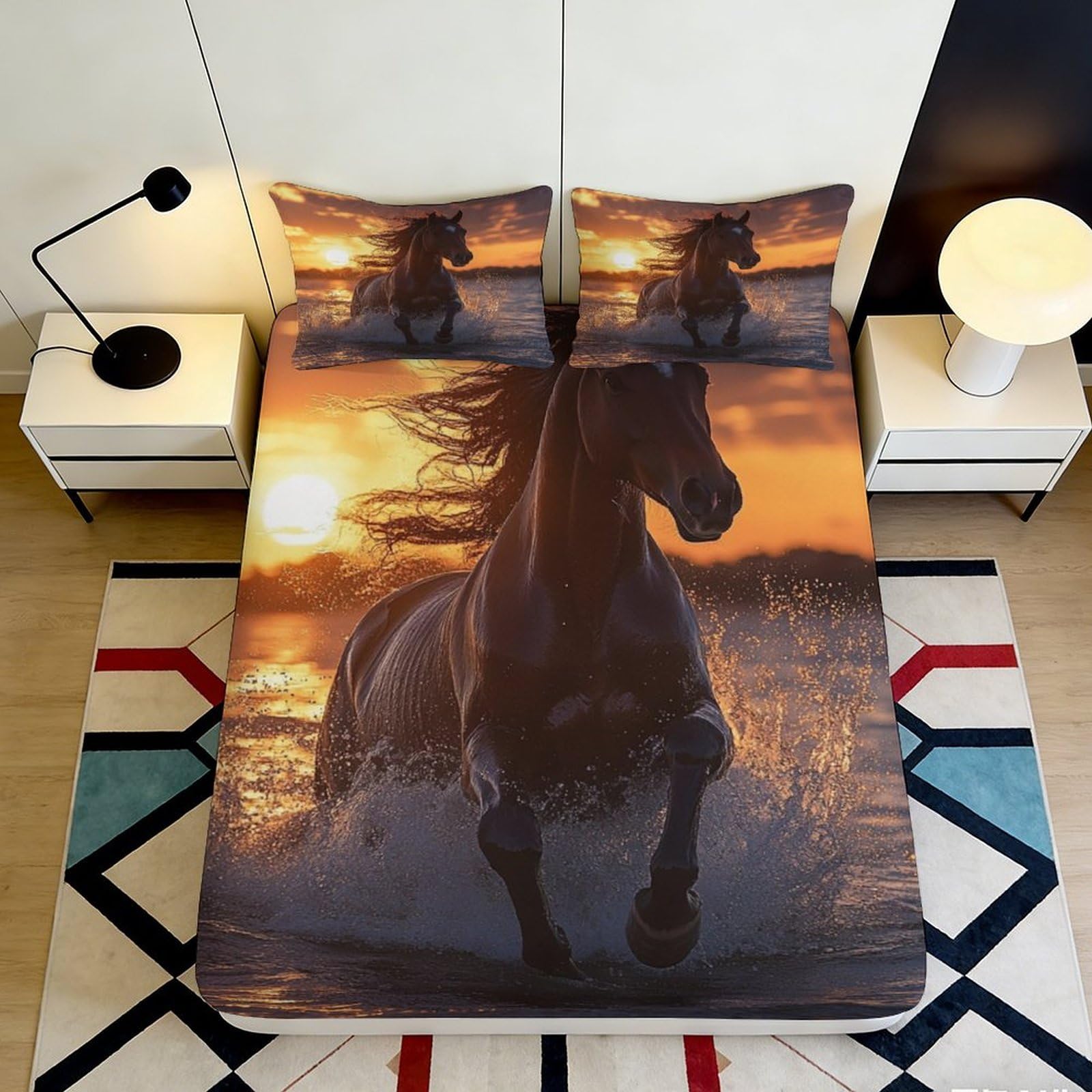 3D Printed Running Horse Fitted Sheet Microfiber Soft Durable Sunset Bed Cover for Bedroom Dormitory Guest Room Mattress Protection Decor 140x200x25cm