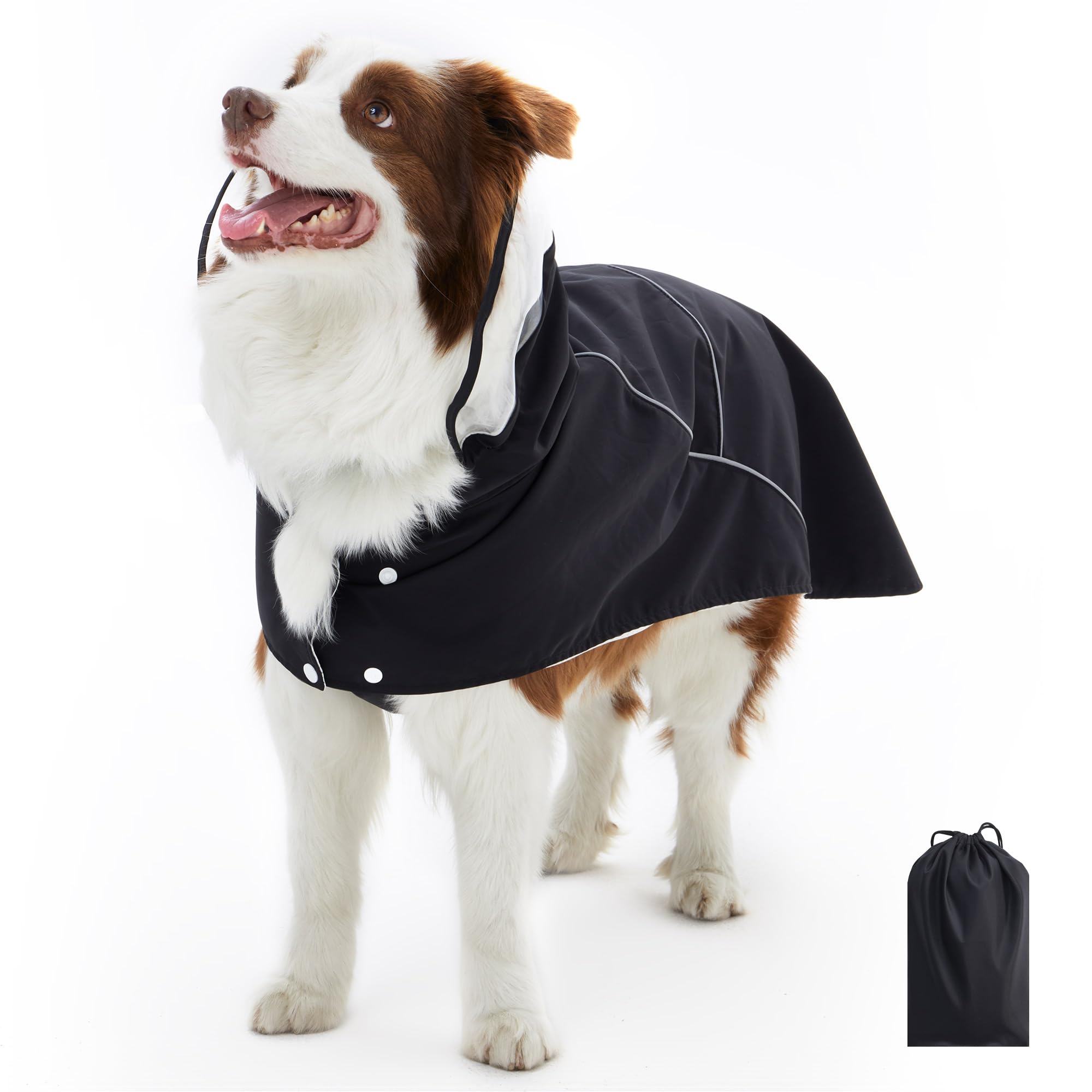 Fyorbietail | Waterproof Dog Coat, Adjustable Dog Raincoat with Leash Hole, Detachable Hooded, Pocket & Reflective Strip | Fit for Outdoor Walking(BLACK, L)