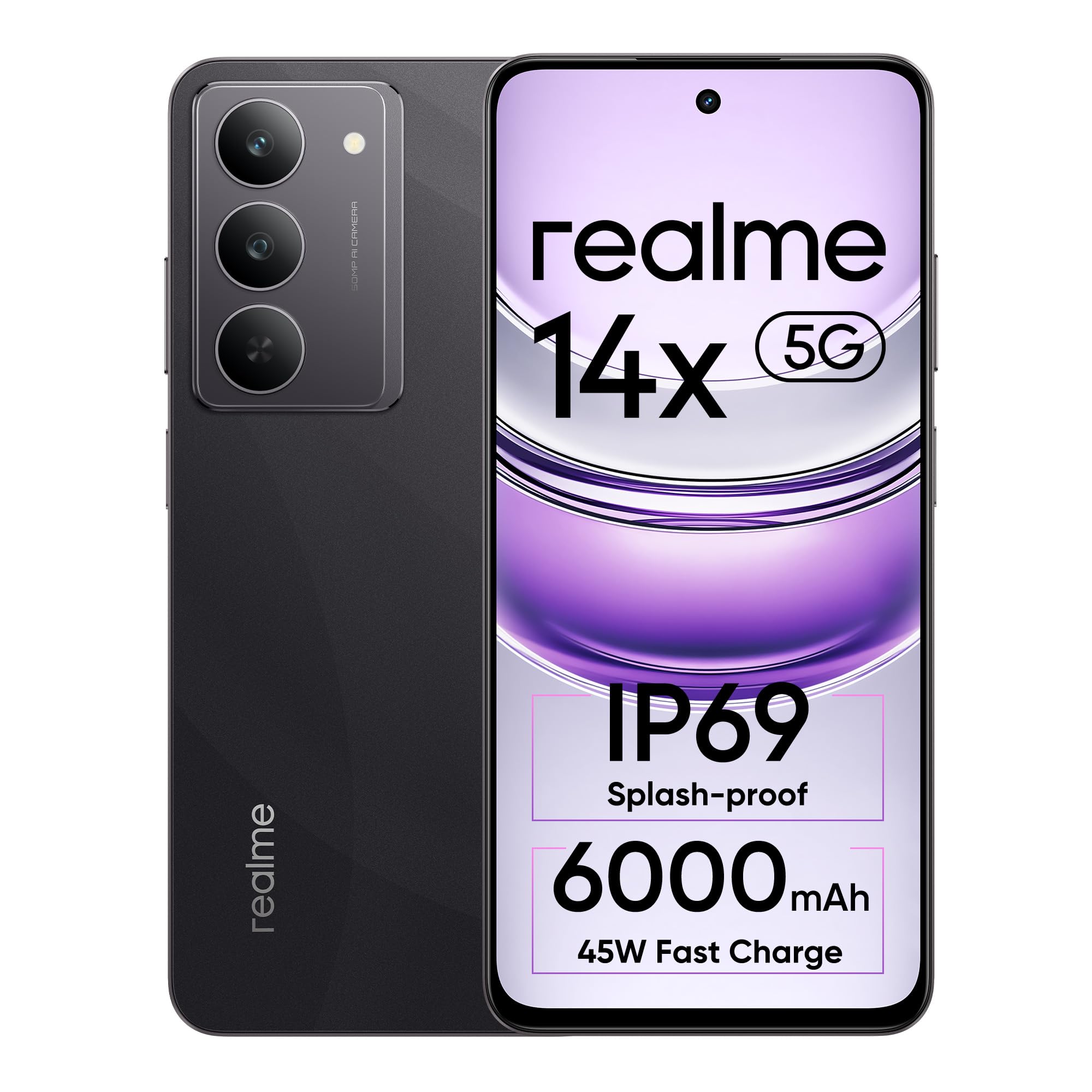 realme 14x 5G Smartphone 8+128GB Crystal Black, 6.67-inch Screen, 120Hz Display, 6000mAh Battery, 80MP, MediaTek Dimensity 6300, ArmorShell Protection, IP69
