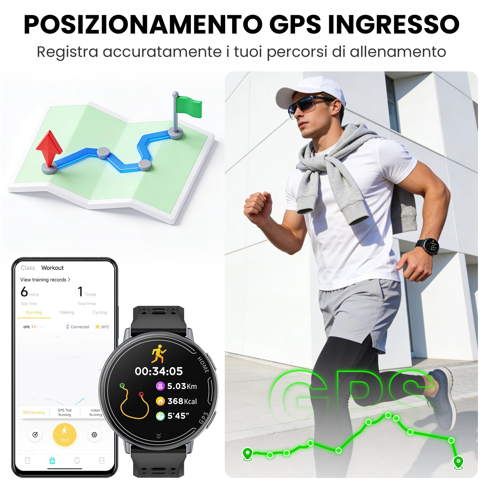 Orologio intelligente GPS per uomini e donne, schermo HD da 1,39 pollici, supporto per le chiamate, diverse modalità di movimento, compatibile con Android e iOS (Nero)