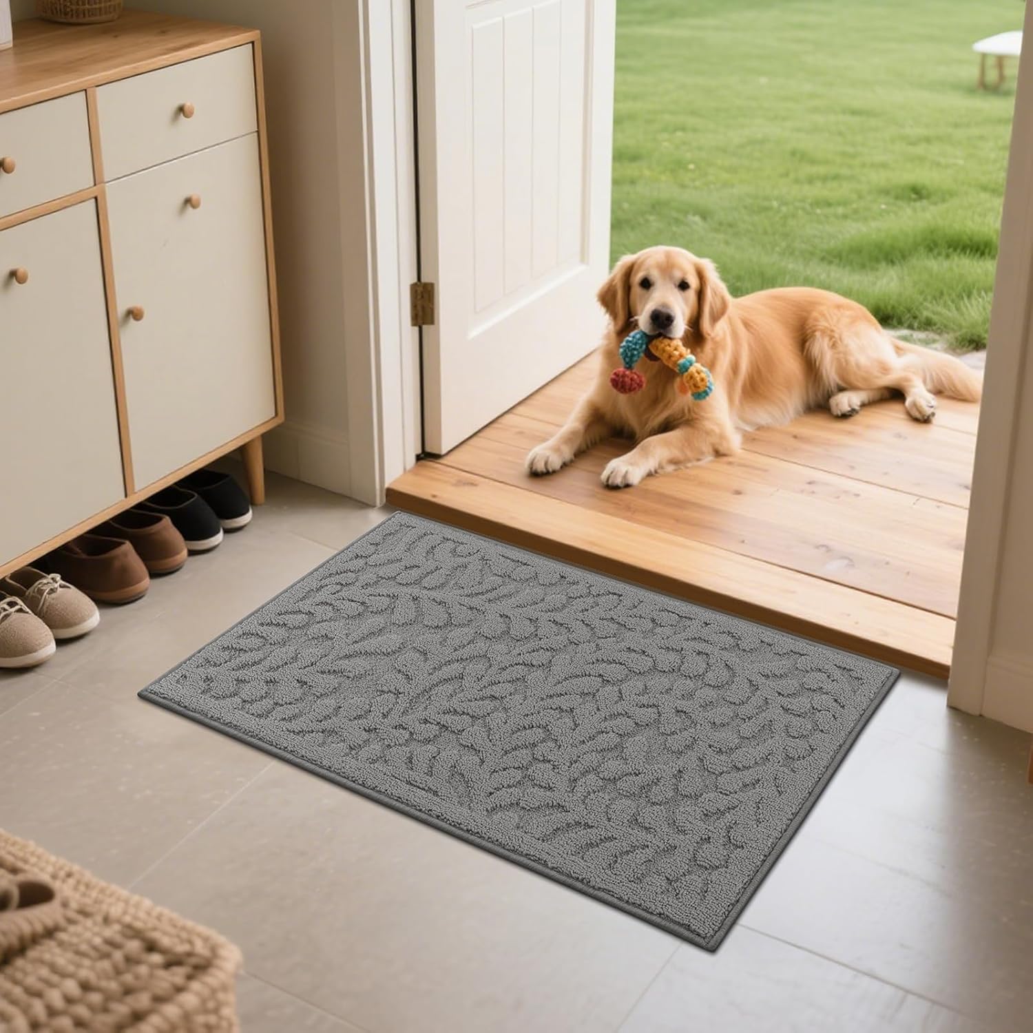 SHACOS Kitchen Rugs Sets of 3 Non Slip Washable Polypropylene Low Pile Absorbent Resist Dirt Kitchen Floor Mat 3 Piece for Entryway, Hallway, Front of Sink (17"x30"+17"x47"+17"x59", Leaves Grey)