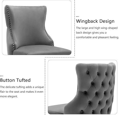 Miniatura 4 de LOULENS Juego de 2 sillas de comedor lujosas de terciopelo, modernas sillas de comedor tapizadas con patas de acero inoxidable, color gris oscuro