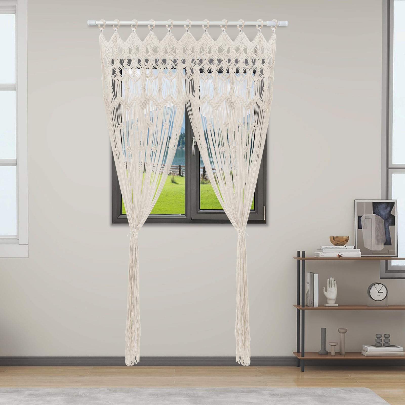 Gewebter Vorhang Boho Makramee Wandbehang 120 x 195cm Handgefertigte Vorhänge Garn Baumwolle Boho Wand Dekor für Wohnzimmern Fluren Badezimmerbögen Weiß