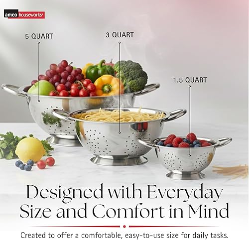 Miniatura 5 de Amco Juego de 3 coladores de acero inoxidable, varios tamaños, 1.5, 3, 5 cuartos de galón, duradero, diseño de grado profesional con asas para una