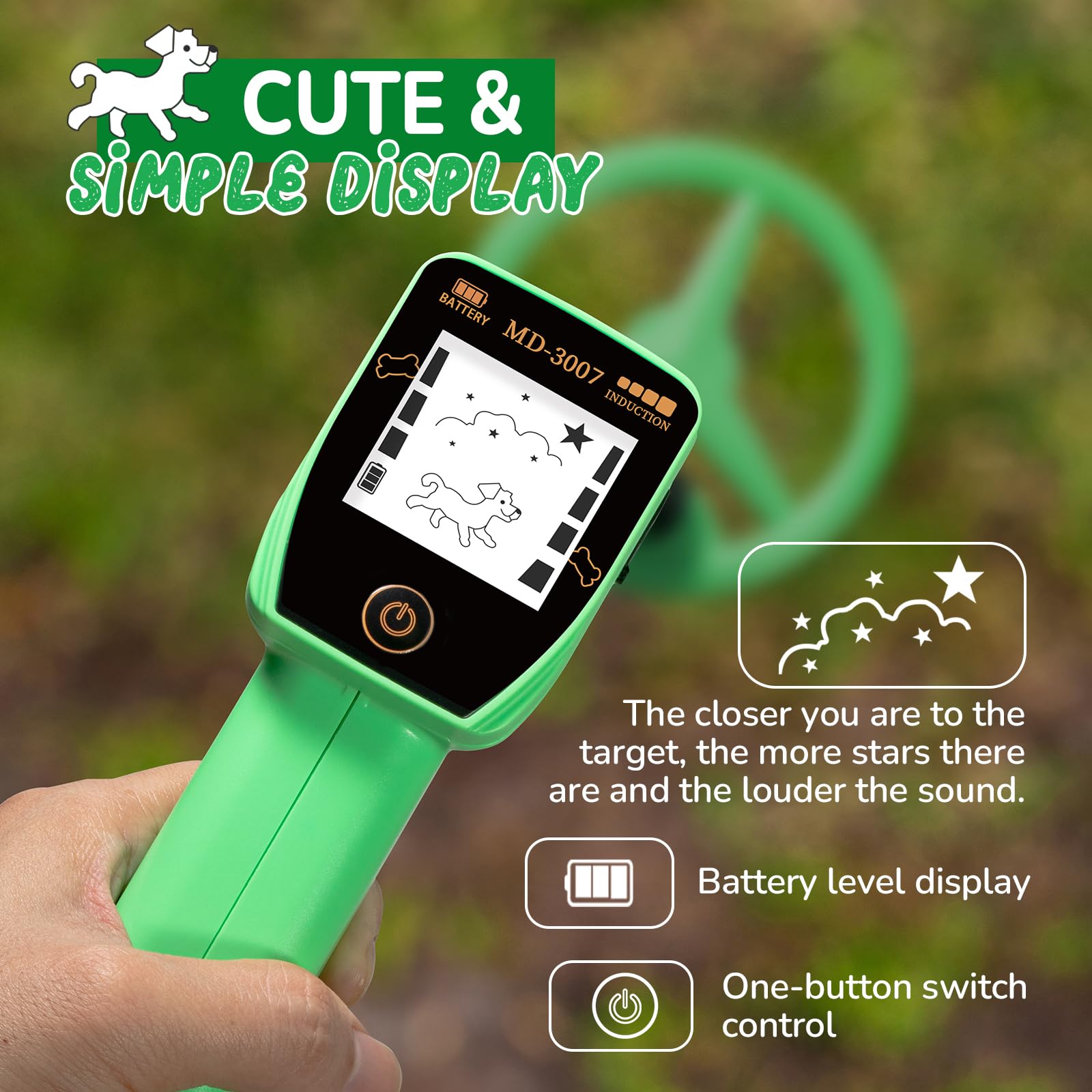 Smofrees Détecteur De Métaux Rechargeable USB Pour Enfants - Réglable 61-86 Cm, Écran LCD Amusant En Forme De Chien, Idéal Pour L'Aventure En Plein Air (Vert Clair)