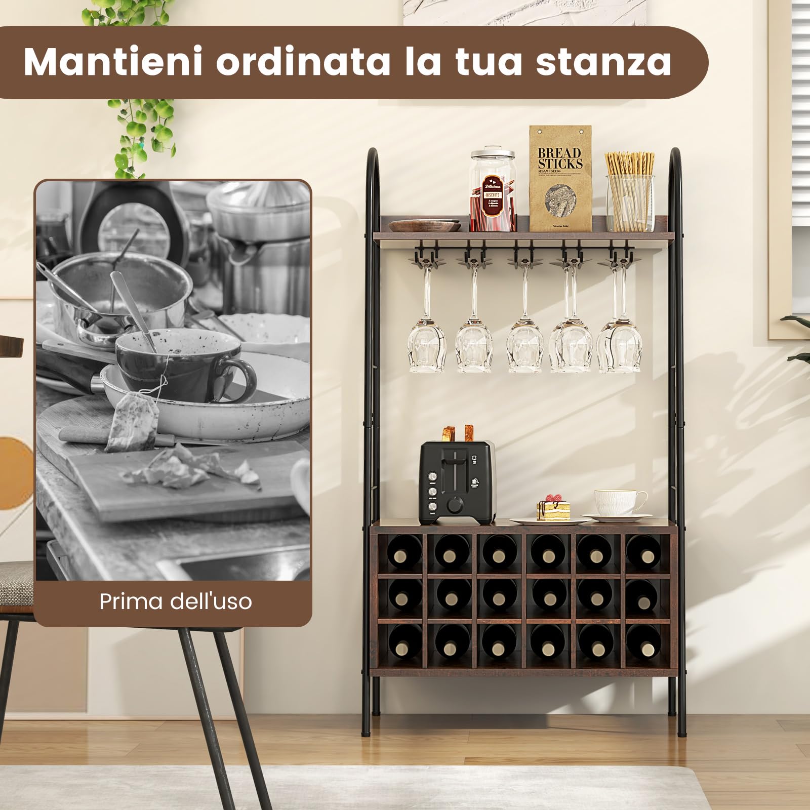 COSTWAY Mobiletto Portabottiglie da Vino, Mobile Bar Vino con Ripiani di Stoccaggio, 5 File di Portabicchieri e 18 Scomparti per Vino, per Soggiorno Cucina, Bar, 63 x 32 x 114,5 cm