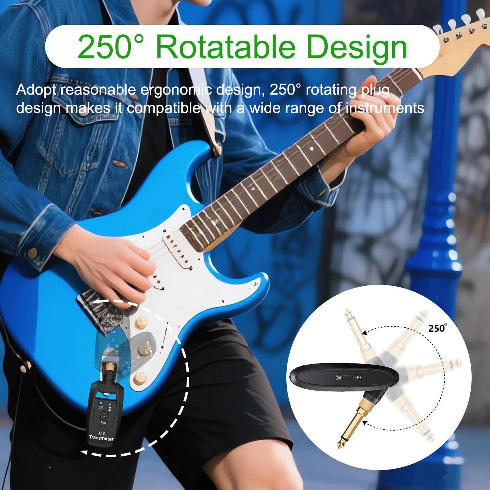 A10 Sistema Wireless per Chitarra UHF, 2 Modalità, Batteria Li Ricaricabile, 30m di Portata, Plug & Play per Chitarra, Basso, Violino, Tastiera - Nero