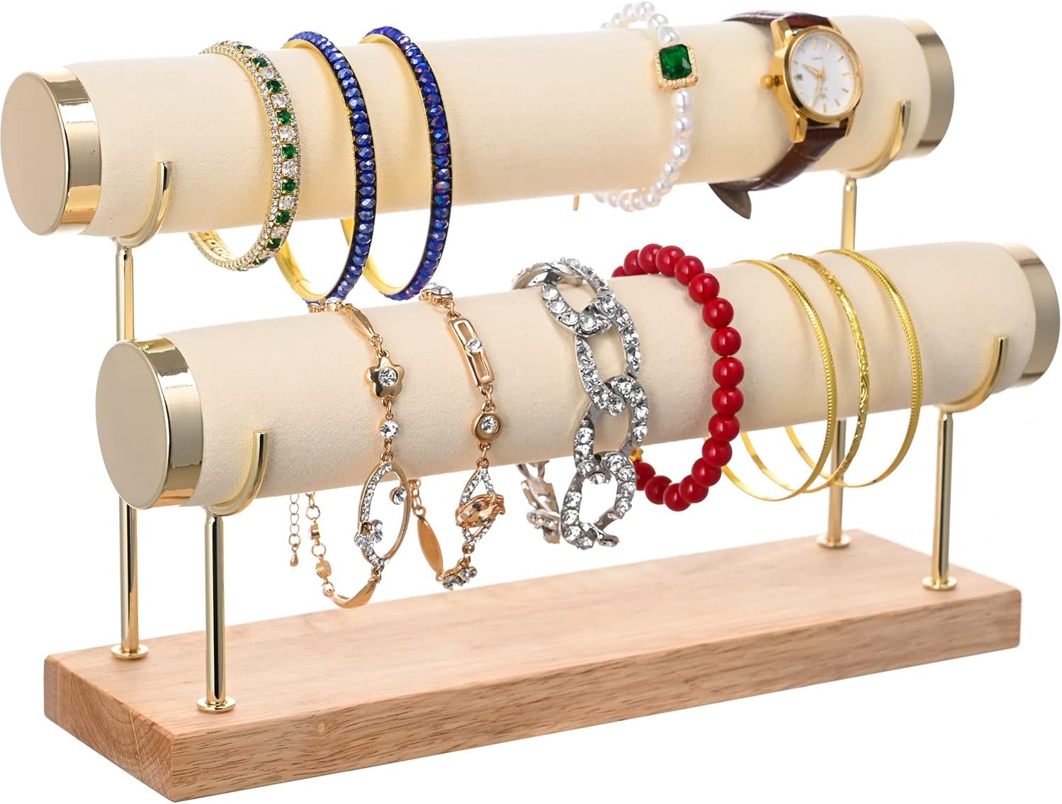 White Bangle Display Holder with T-bar Two Tier Bracelet Stand Storage Towers for Jewelry Organization