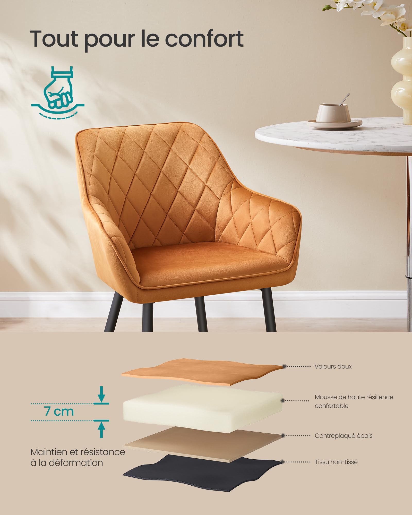 SONGMICS Chaise Salle à Manger, avec Accoudoirs, Revêtement en Velours
