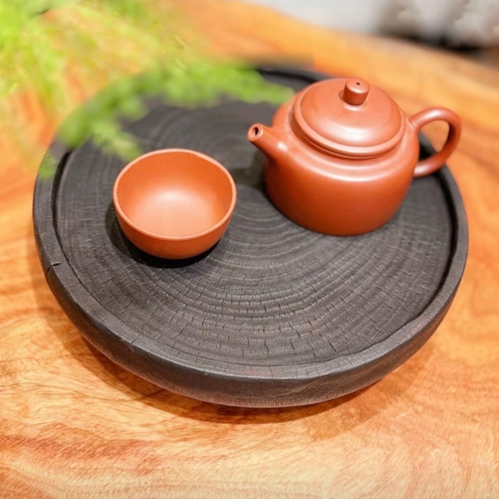 Bandeja redonda de madera de alcanfor carbonizada negra, 3 cm de grosor, perfecta para degustación de té y decoración del hogar, diseño antideslizante (27 x 3 cm), elegante bandeja para servir