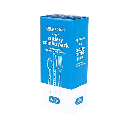 Amazon Basics Disposable Clear Plastic Cutlery, Premium Quality, 48 Count, Combo Pack: 16 Forks, 16 Spoons and 16 Knives