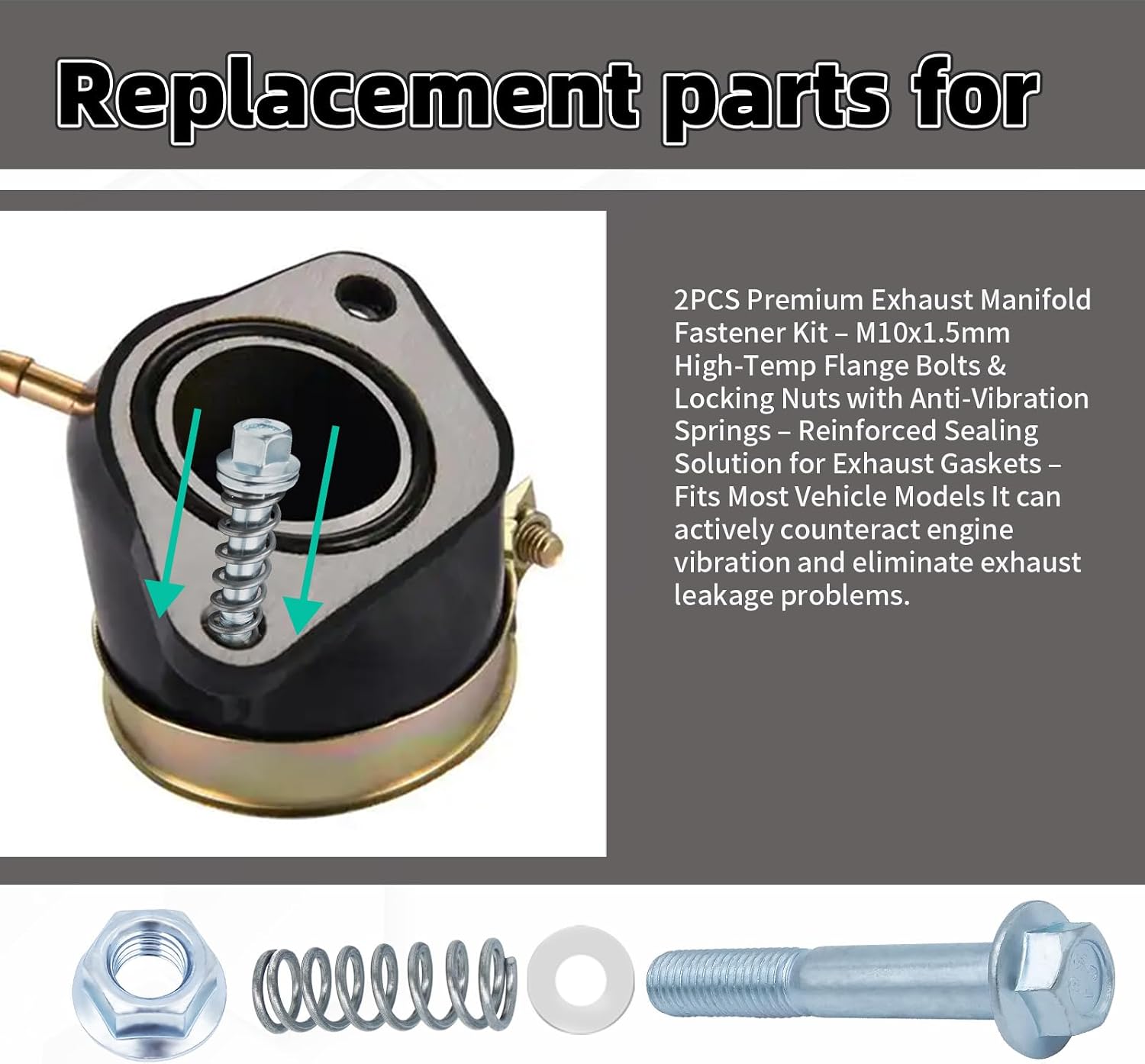 2PCS High-Temperature Exhaust Manifold Bolt Kit – M10x1.5mm Stainless Steel Flange Bolts & Nuts with Vibration-Damping Springs for Secure Exhaust Gasket Seal – Universal Fit for Most Vehicles