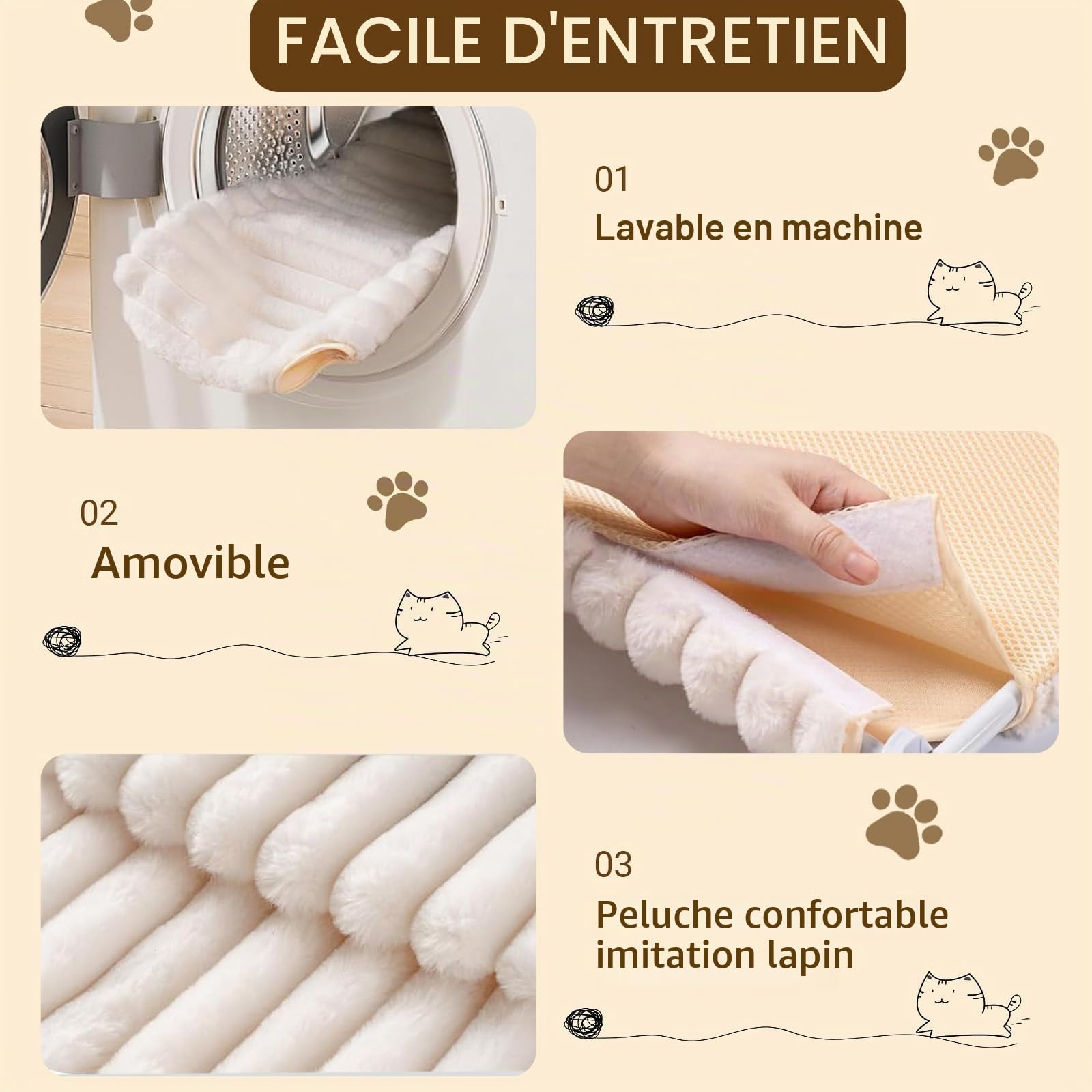 Hamac Chat Fenêtre avec Coussin Lavable, Lit de fenêtre pour Chat avec 4 ventouses, Cadre setal Robuste pour fenêtres en Verre et Murs intérieurs, Blanc