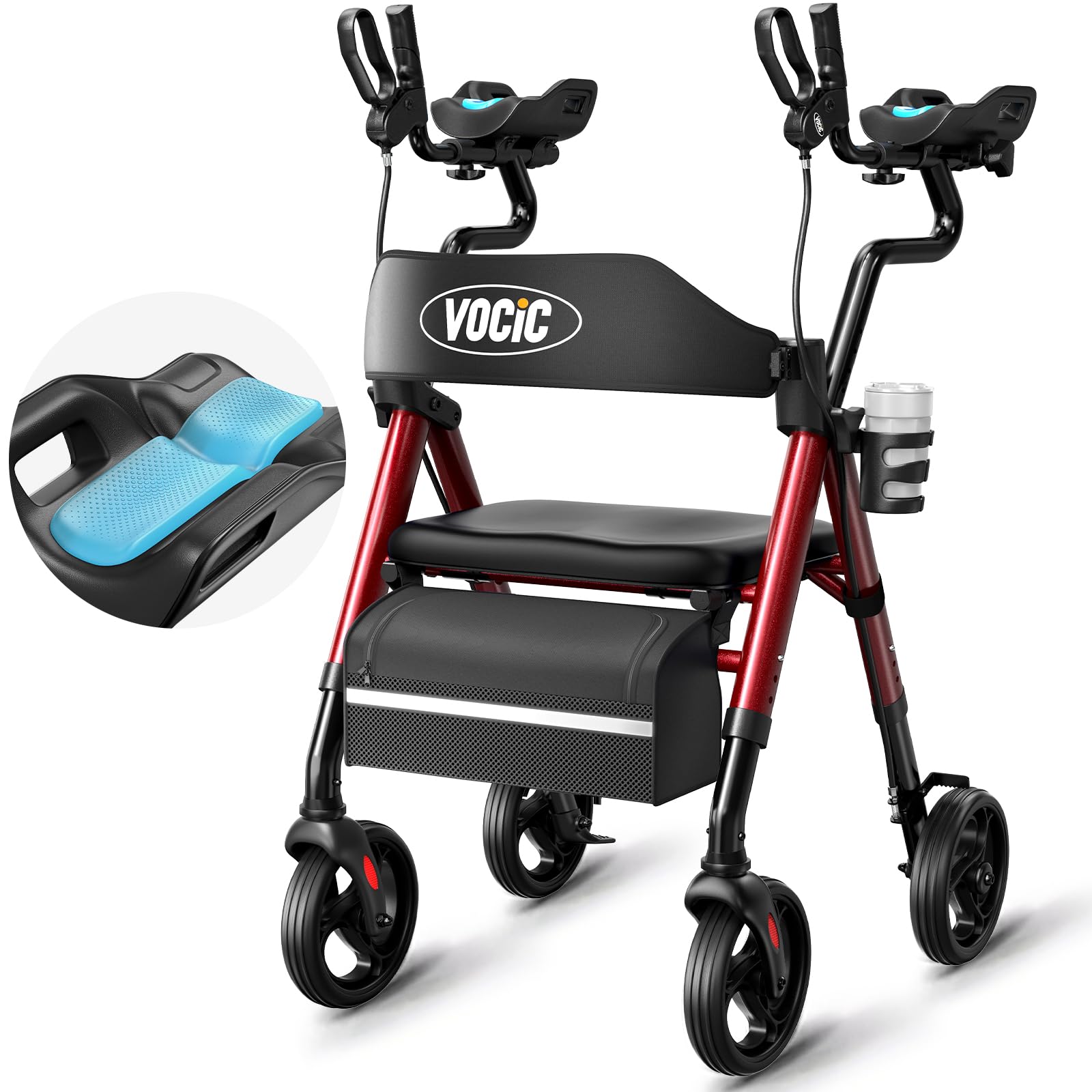 VOCIC Walkers for Seniors, Upright Walker with Adjustable Armrests, Z22 GelCool Stand Up Walker with Ergo Seat & Backrest, 8" All Terrain Rollator with 300lb,Cup& Cane Holder