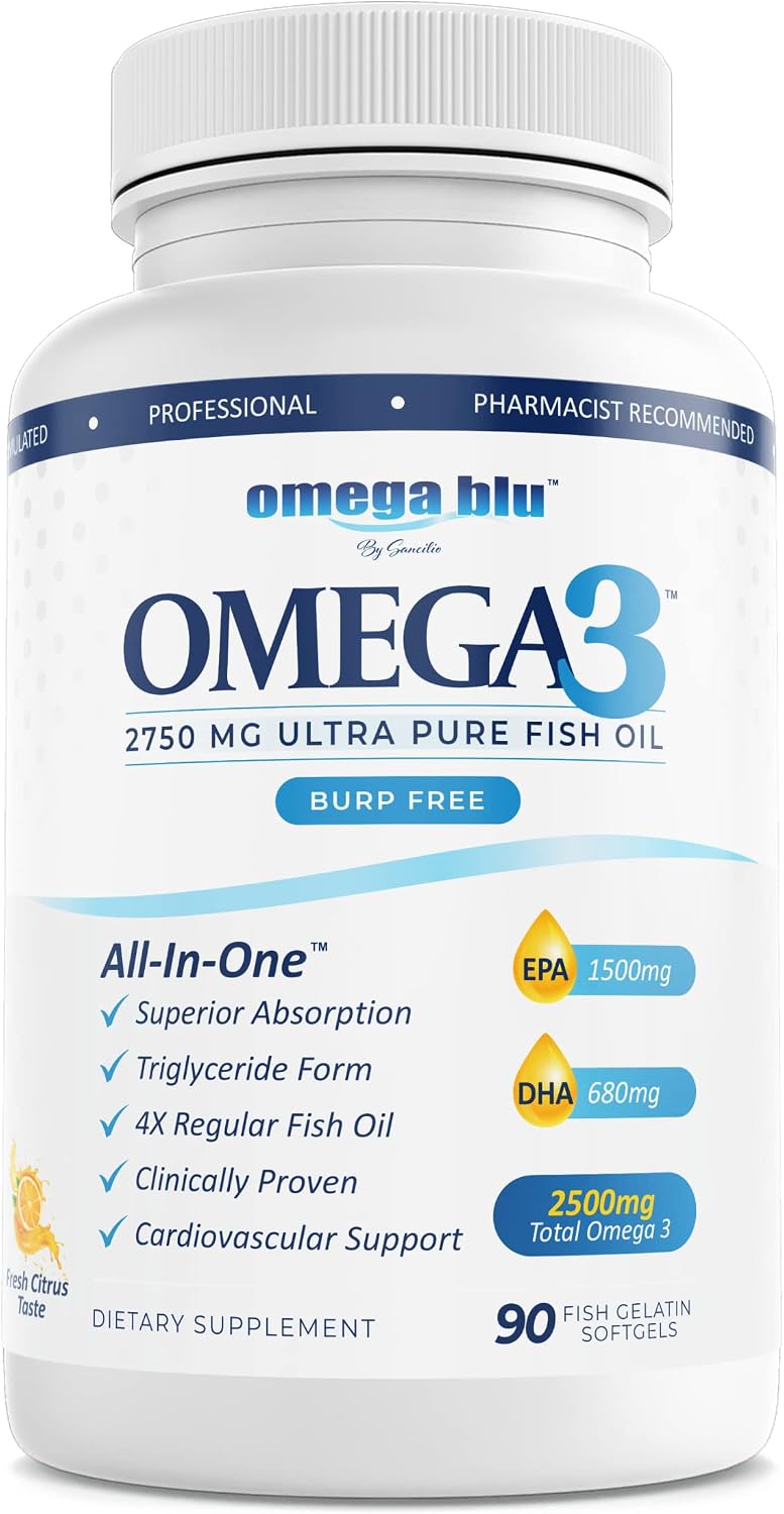 OMEGA BLU Triple Strength Pharmaceutical Grade Fish Oil 2750mg - 1500mg EPA - 680mg DHA - Heart - Cholesterol - LDL - HDL - No Fishy Burps or Heartburn - Highest Concentration - Citrus - 45 Servings