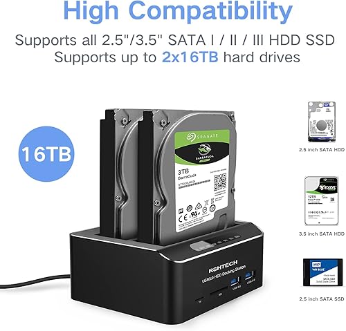 Miniatura 4 de Estación de acoplamiento para disco duro RSHTECH USB 3.0 Aluminio Dual Bay Hard Drive Dock para 2.5" y 3.5" SATA HDD SSD con lector de tarjetas