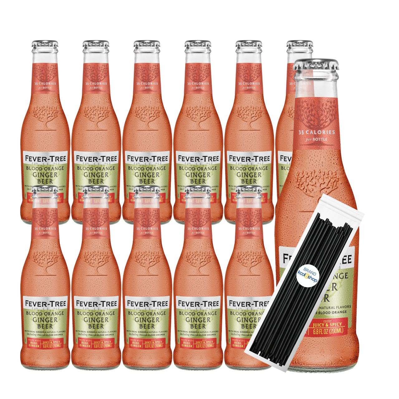 Fever-Tree Blood Orange Premium Cocktail Mixer 6.8 fl oz Glass Bottles 12 Pack + 20 Plastic Stirrer Sticks by KOOL8SHOP Infinite Deals