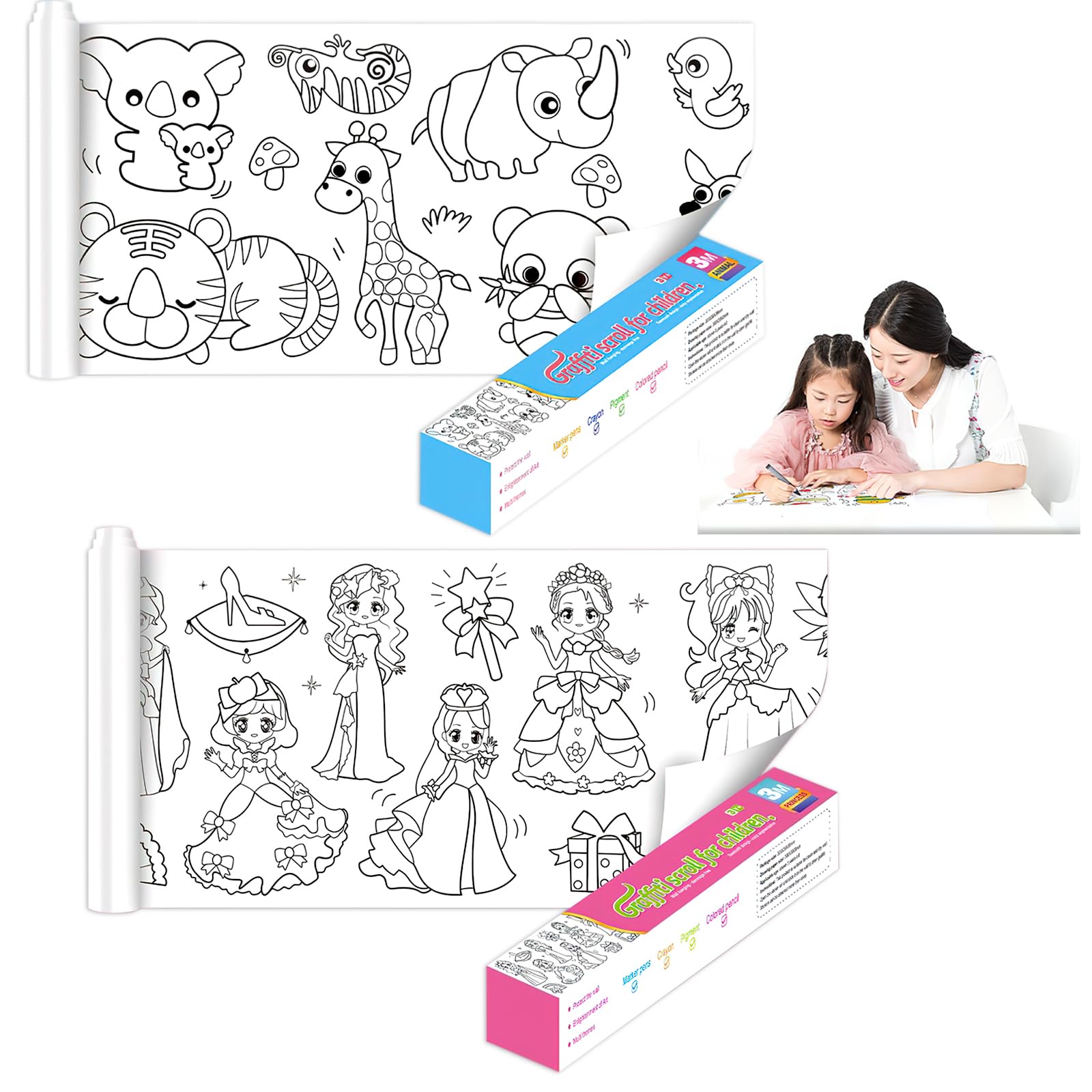 BRISKORE 2 rollos de pintura cortados para niños, 30 x 300 cm, papel de pintura autoadhesivo, rollo para colorear, mantel para colorear, mantel de pintura para niños, rollo de dibujo, juguete