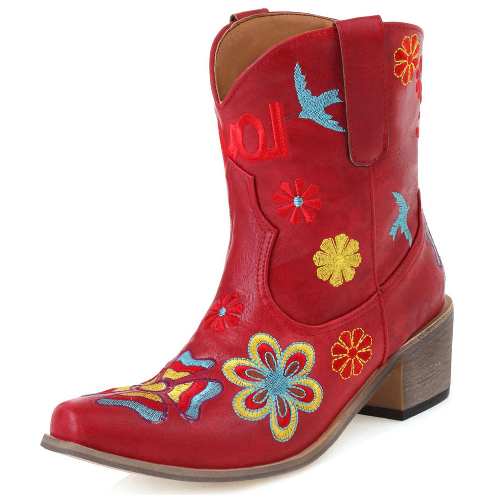 Alsoloveu Womens Embroidered Cowboy Boots Western Cowgirl Snip Toe Boots Chunky Heel Pull On Wedding Dress Mid Calf Boots
