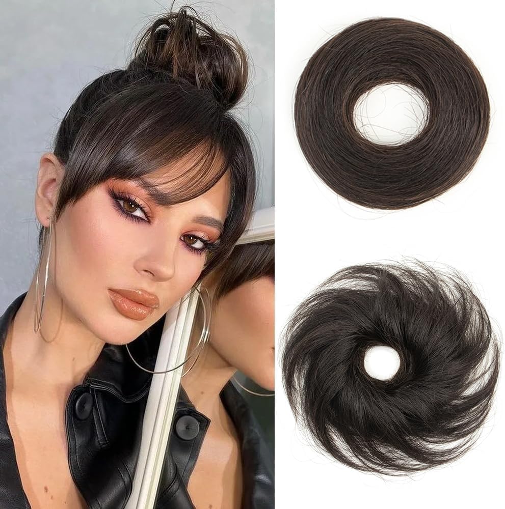 Miss Lirenn® Human Hair Extension Black Messy Bun with Elastic Band Hair Bun 100% Human Hair Elastic Rubber Band for Women/Kids Girls Stretchy Fluffy (Black)