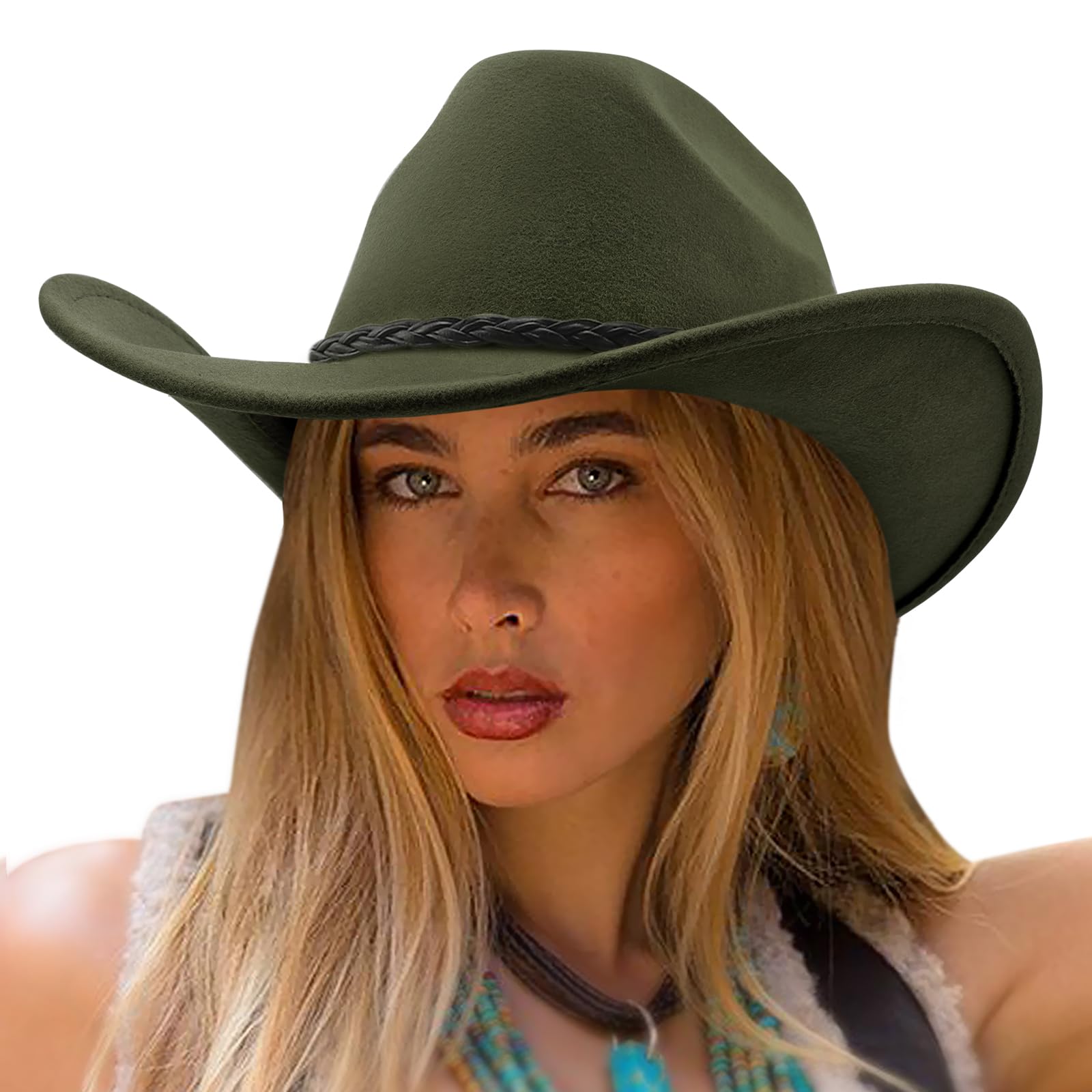 DRESHOW Cowboy Hat for Men Women Classic Western Wide Brim Roll Up Fedora Cowgirl Outback Hat with Strap