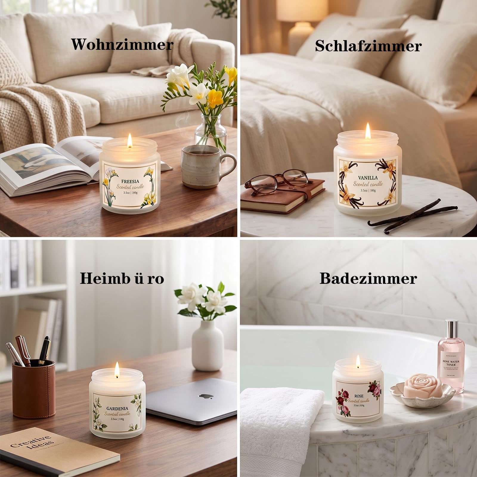 6er-Pack Duftkerzen für Frauen – Lavendel, Vanille, Gardenie, Rose, Jasmin, Freesie (blumige Düfte), 21 oz Kerzen aus natürlichem Sojawachs zur Entspannung und als Geburtstagsgeschenk für Frauen