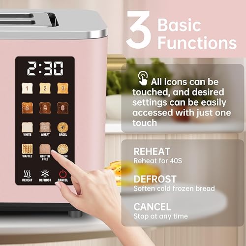 Miniatura 2 de SEEDEEM Tostadora de 2 rebanadas, pantalla de control táctil, tostadora inteligente de acero inoxidable, 6 ajustes de sombra, selección de 6 panes,