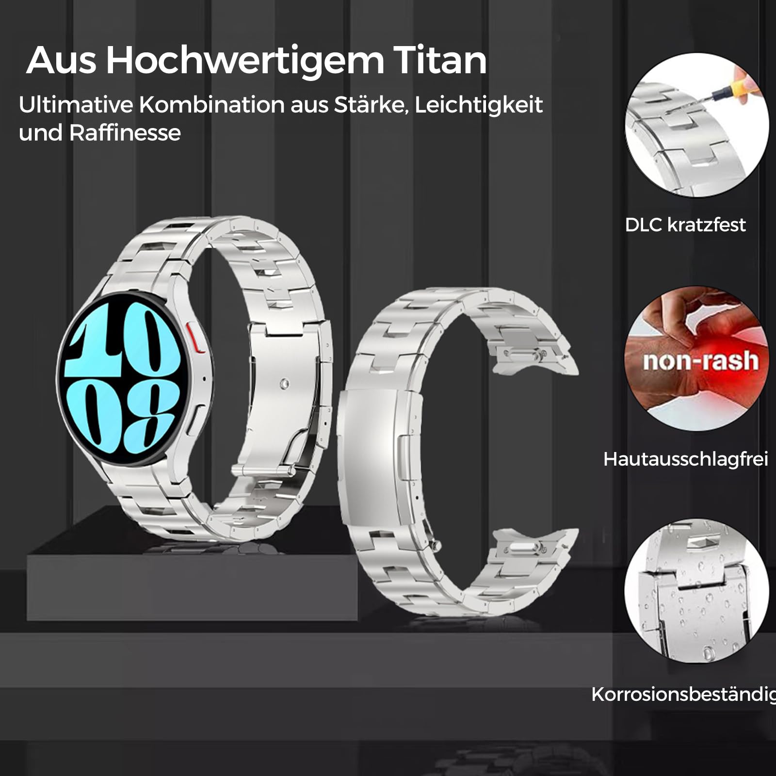 Bracelets en titane compatibles avec Samsung Galaxy Watch 7/6/5/4/FE 44 mm 40 mm, bracelet en métal sans goupille 20 mm, 20mm