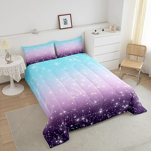 Miniatura 3 de Erosebridal Juego de edredón con purpurina de estrellas espaciales para niños, juego de ropa de cama degradada, azul y morado, tamaño matrimonial,