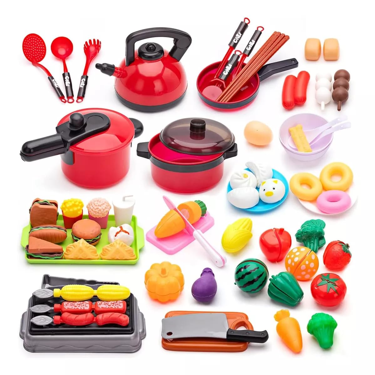 JUQG Set De 31 Accesorios De Cocina Para Niños – Ollas, Sartenes Y Alimentos De Juguete, Juego De Rol De Chef Para Niñas Y Niños De 3 A 8 Años