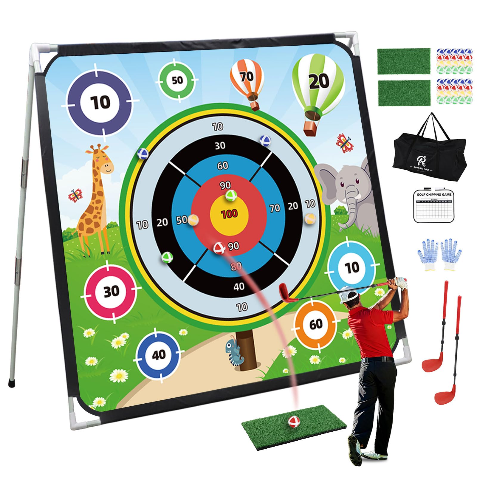 Roykaw Battle Golf Chipping Game with Turf Mat Golf Clubs Scoreboard Golf Course Cartoon Game Set for Fun