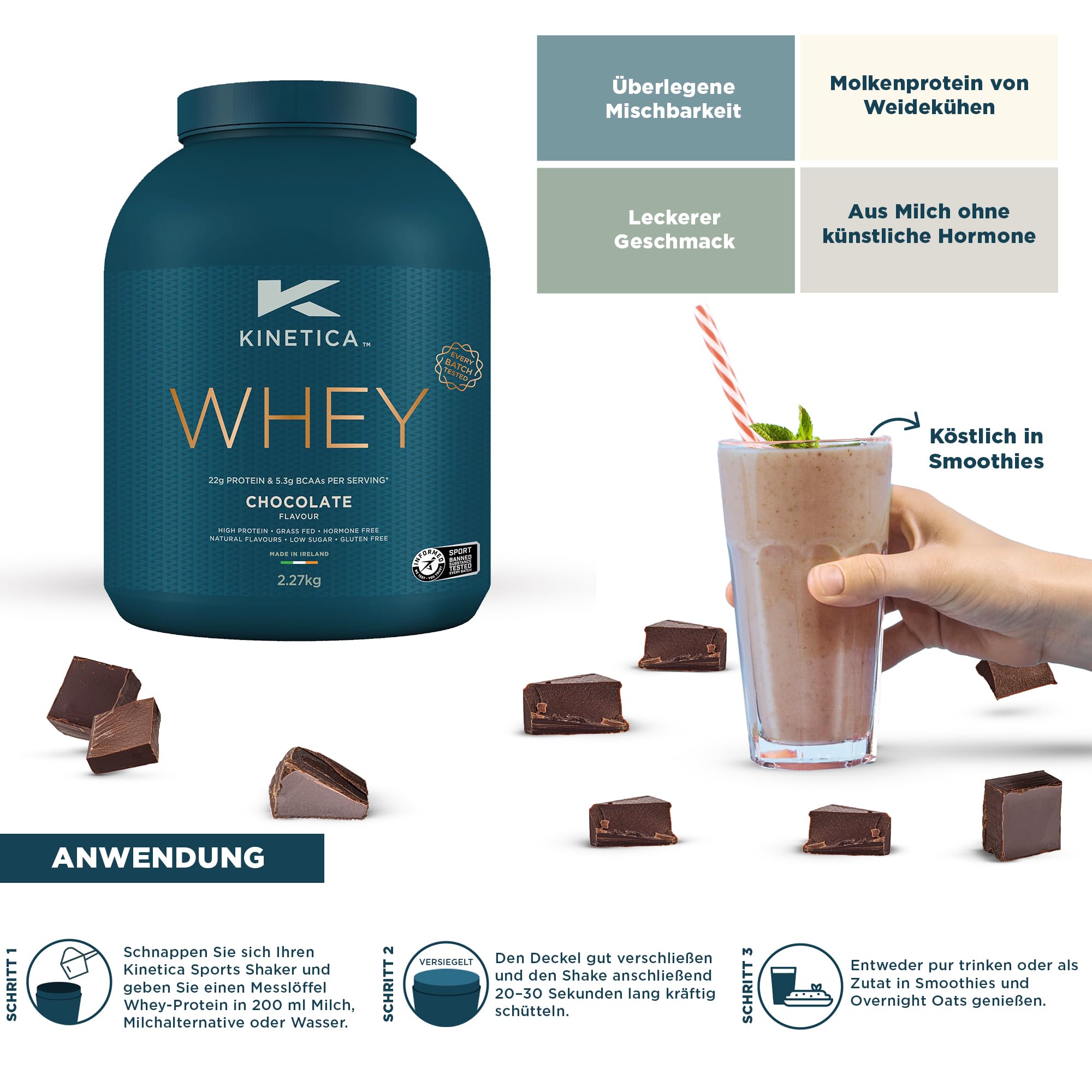 Kinetica Sports Whey Proteinpulver - Schokolade | 22g Protein/Portion, 76 Portionen/2.27kg Packung | Glutenfrei | Optimal für Muskelaufbau & Regeneration | Löst sich gut in Wasser, Milch & Shakes