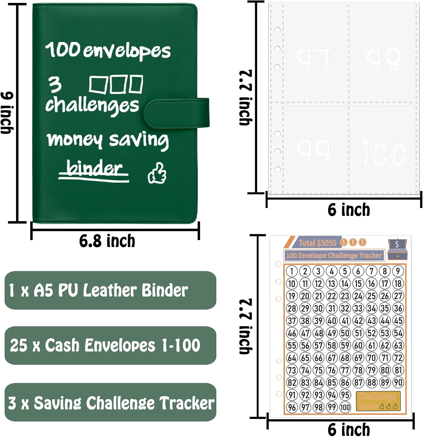 Antner 100 Envelopes Money Saving Challenge Binder, Savings Challenges Book with Envelopes & 3 Challenge Trackers to Save $5,050 and $500 and $10,000, A5 Budget Binder Money Saving Book, Dark Green